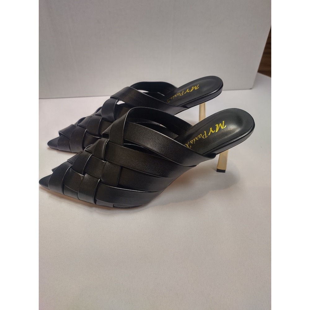 MY Paris X Womens Black Woven Pointed Toe Mules Gold Sculptural Heel Size 8